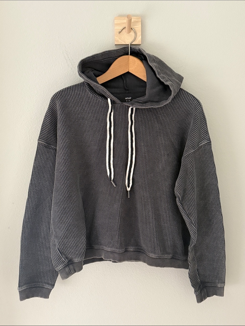 aerie Charcoal Ribbed Crewneck Hoodie - Dark Gray